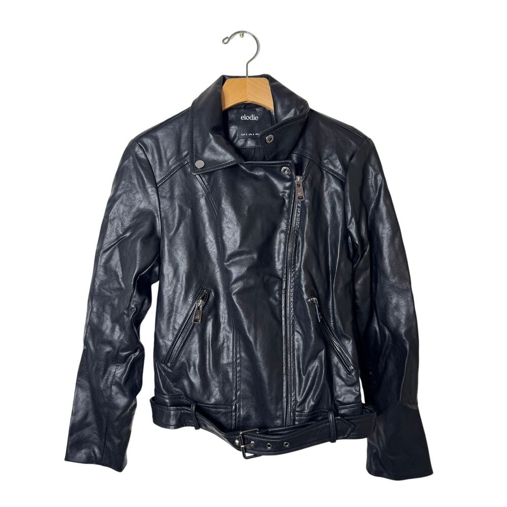 Elodie Black Faux Leather Full Zip Belted Moto Jacket Rocker Motorcycle Small - Picture 2 of 9
